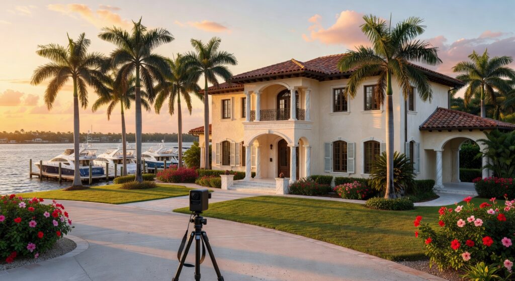 Ultra-realistic 8K photograph of a luxurious waterfront estate in Naples Florida at golden hour with a Matterport 3D camera on a tripod in the foreground capturing the property, palm trees and Intracoastal Waterway visible in background, cinematic lighting, highly detailed