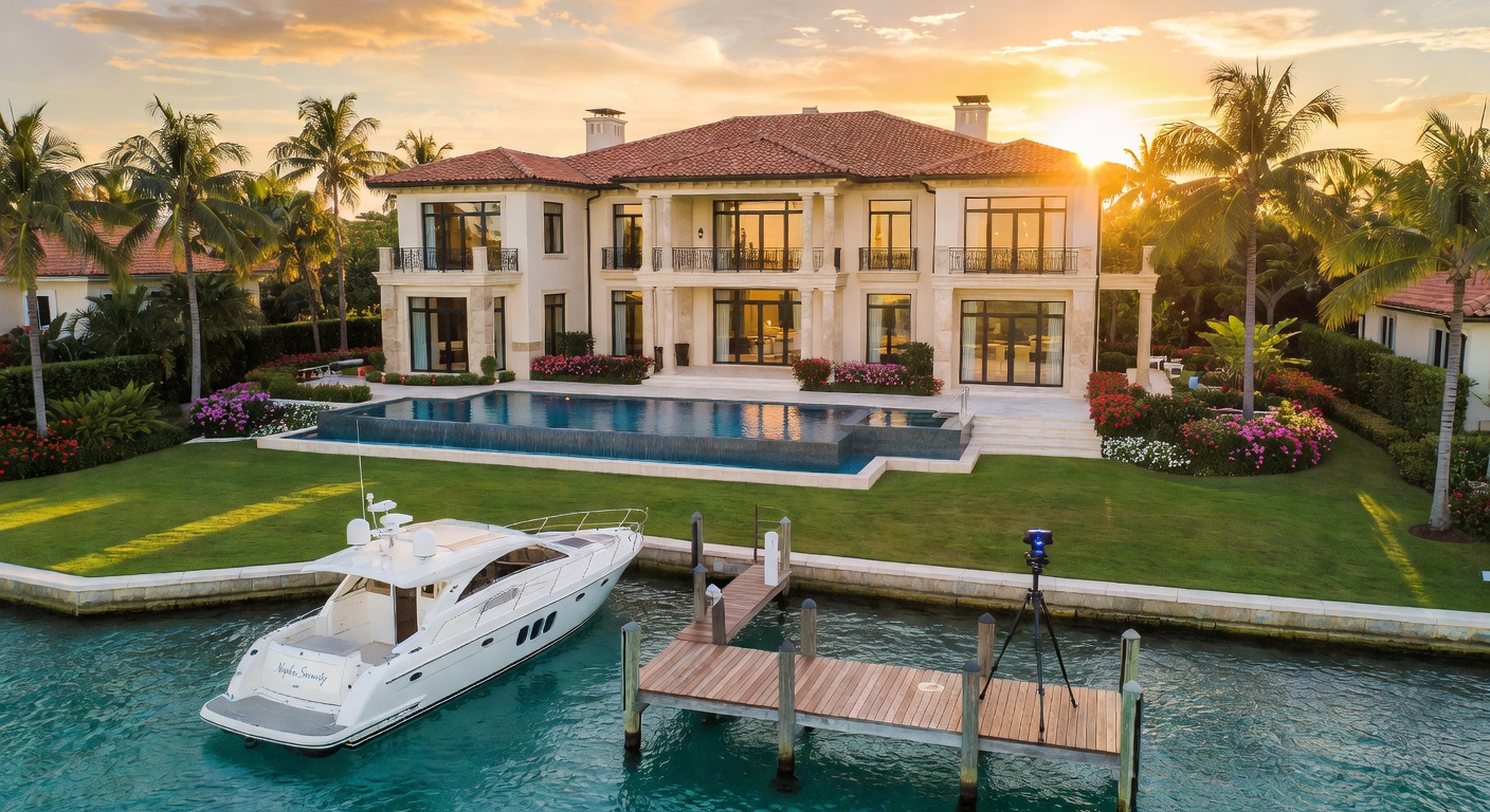 Ultra-realistic 8K aerial view of luxurious waterfront mansion in Naples Florida at golden hour with Matterport scanning equipment visible on the dock, cinematic lighting, crystal clear water, palm trees, ultra detailed architectural photography