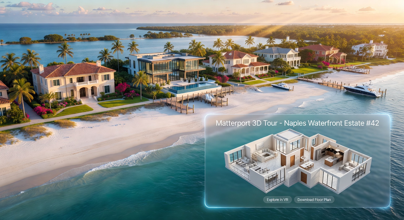 Ultra-realistic 8K aerial photograph of Naples Florida coastline with luxury waterfront properties and Matterport virtual tour interface overlay showing 3D digital twin, golden hour lighting, cinematic composition