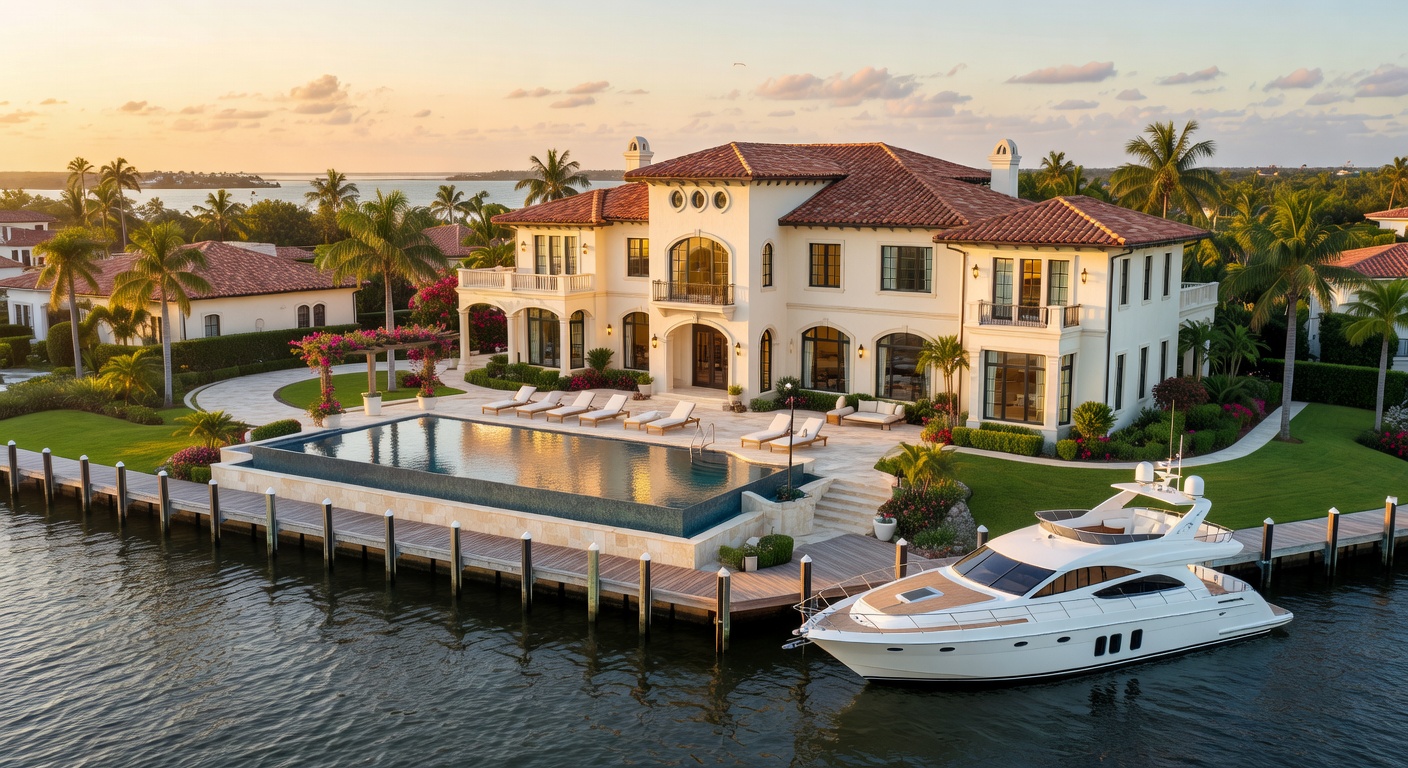 Ultra-realistic 8K aerial view of luxurious waterfront estate in Naples Florida at golden hour with Matterport 3D scanning camera floating above the property, cinematic lighting, photorealistic detail