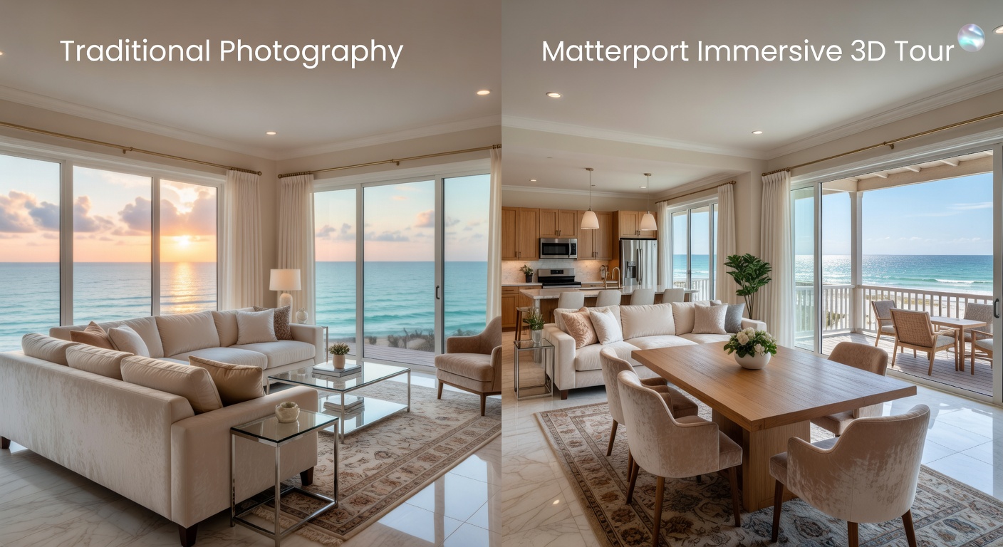 Before and after transformation showing traditional real estate photography versus immersive Matterport 3D tour of the same Marco Island waterfront property, side-by-side comparison, 8K