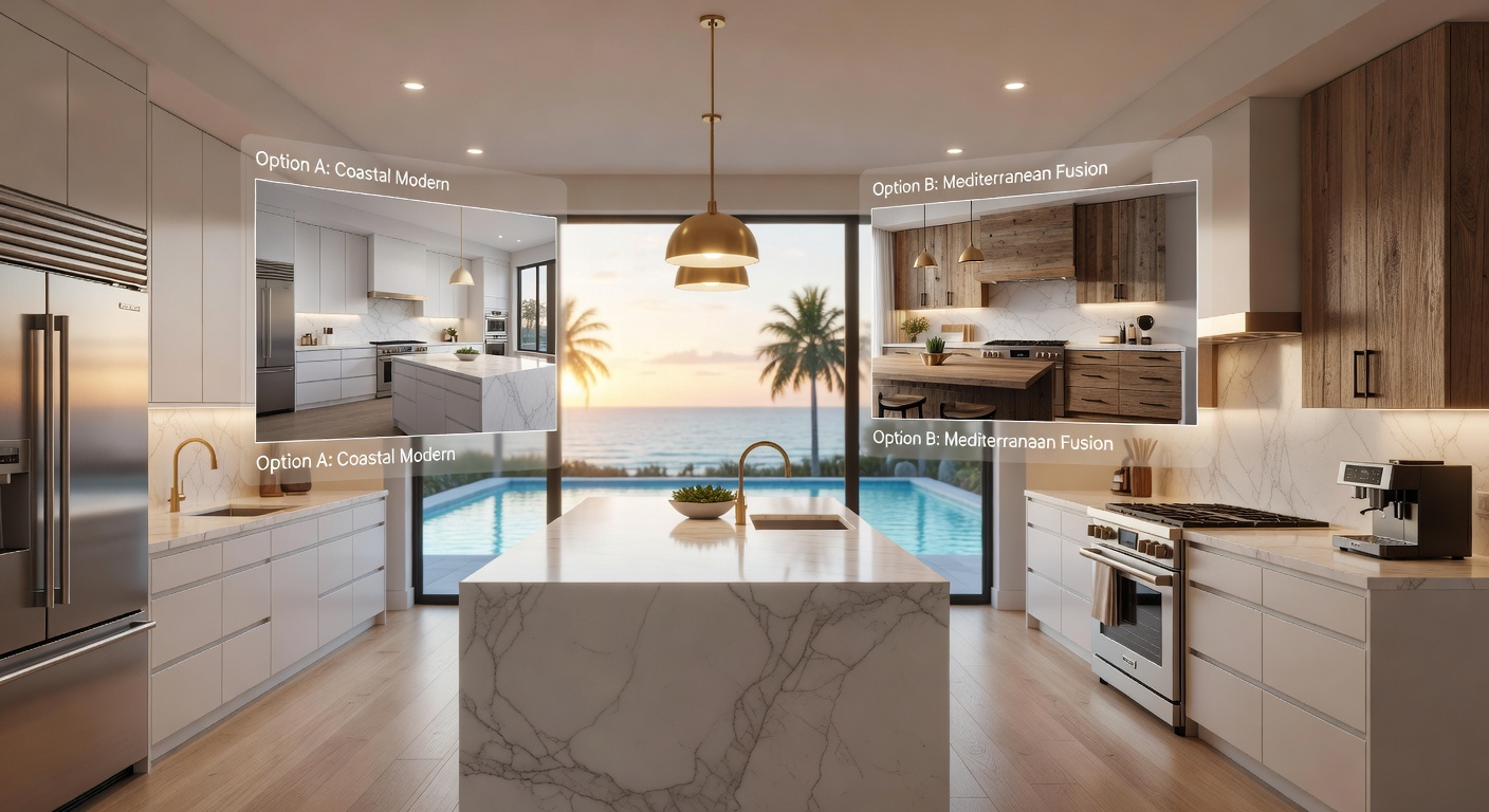 Ultra-realistic digital twin of a high-end Naples Florida kitchen with AI generated virtual staging options displayed as floating overlays, modern luxury design, 8K resolution