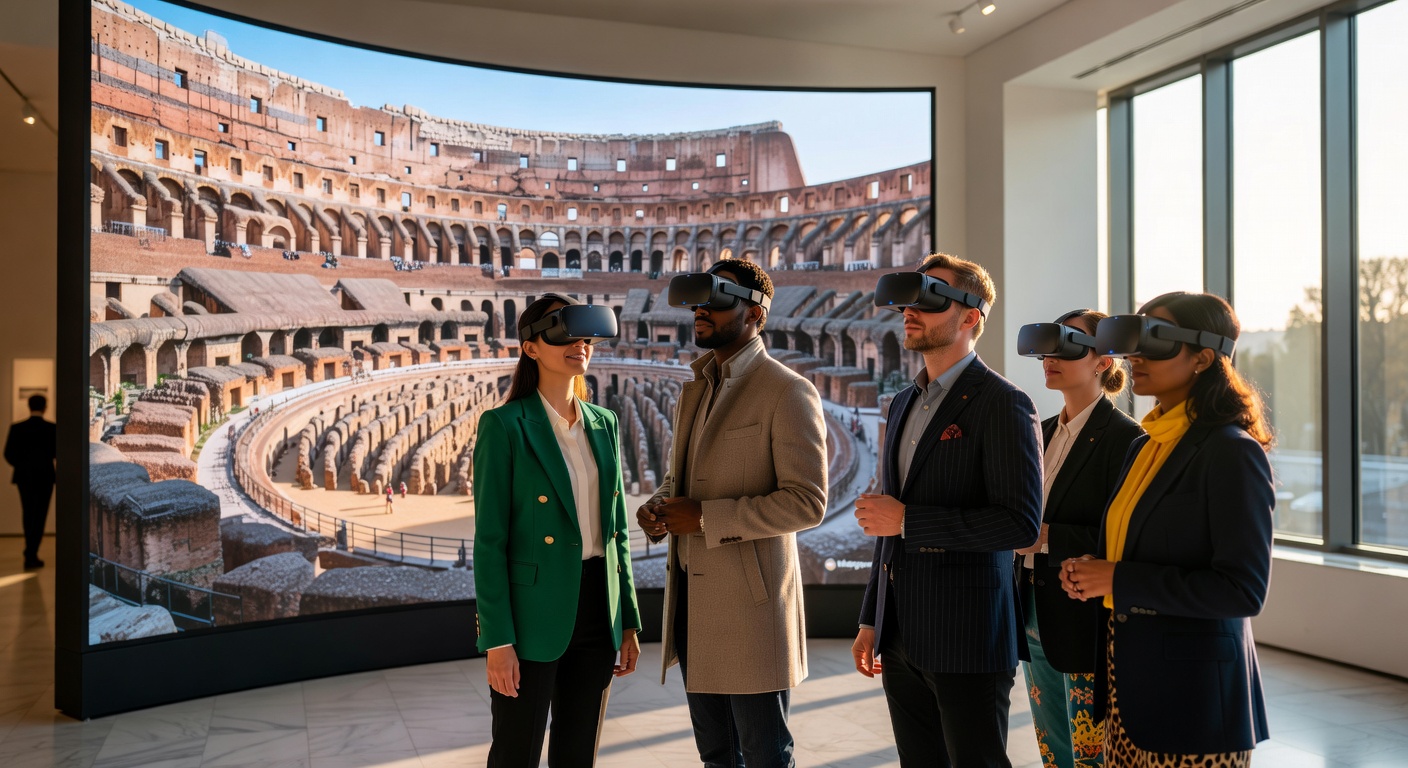Diverse group of international tourists exploring a Naples museum through virtual reality headsets experiencing Matterport virtual tour, modern gallery setting, immersive atmosphere