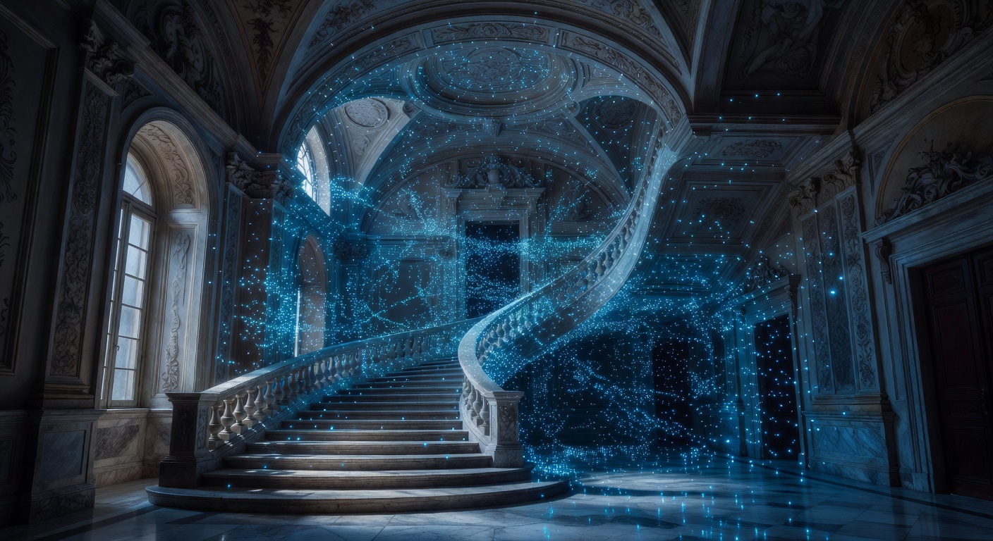 Technical visualization of LiDAR scanning process with thousands of laser points creating a 3D mesh of a Naples villa interior, futuristic blue tones