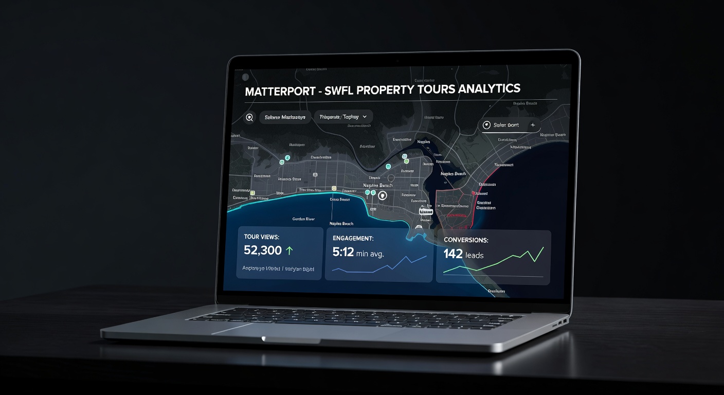 Close-up of Matterport dashboard interface on a computer screen displaying analytics for SWFL property tours with Naples map in background, modern tech aesthetic, ultra sharp 8K