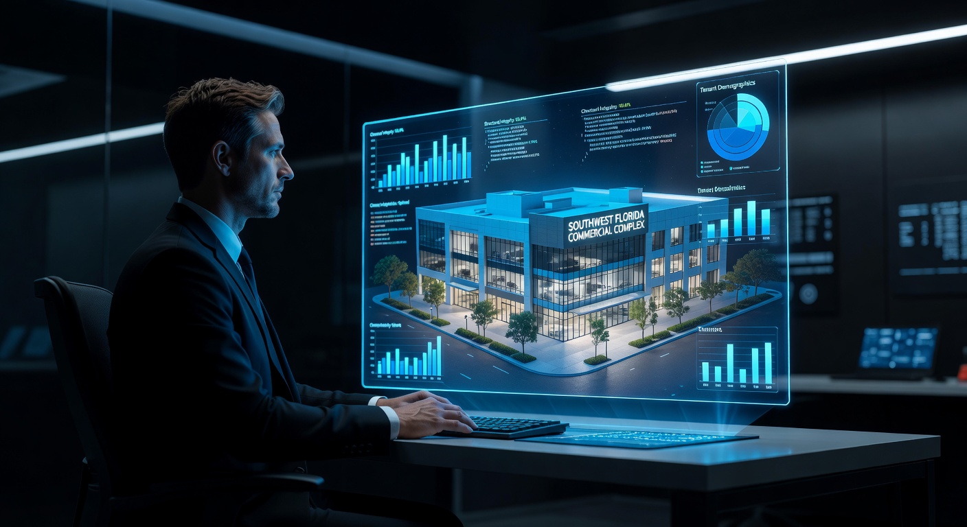 Futuristic AI analyzing a completed Matterport digital twin of a Southwest Florida commercial building, holographic displays, data visualizations, cyberpunk corporate aesthetic