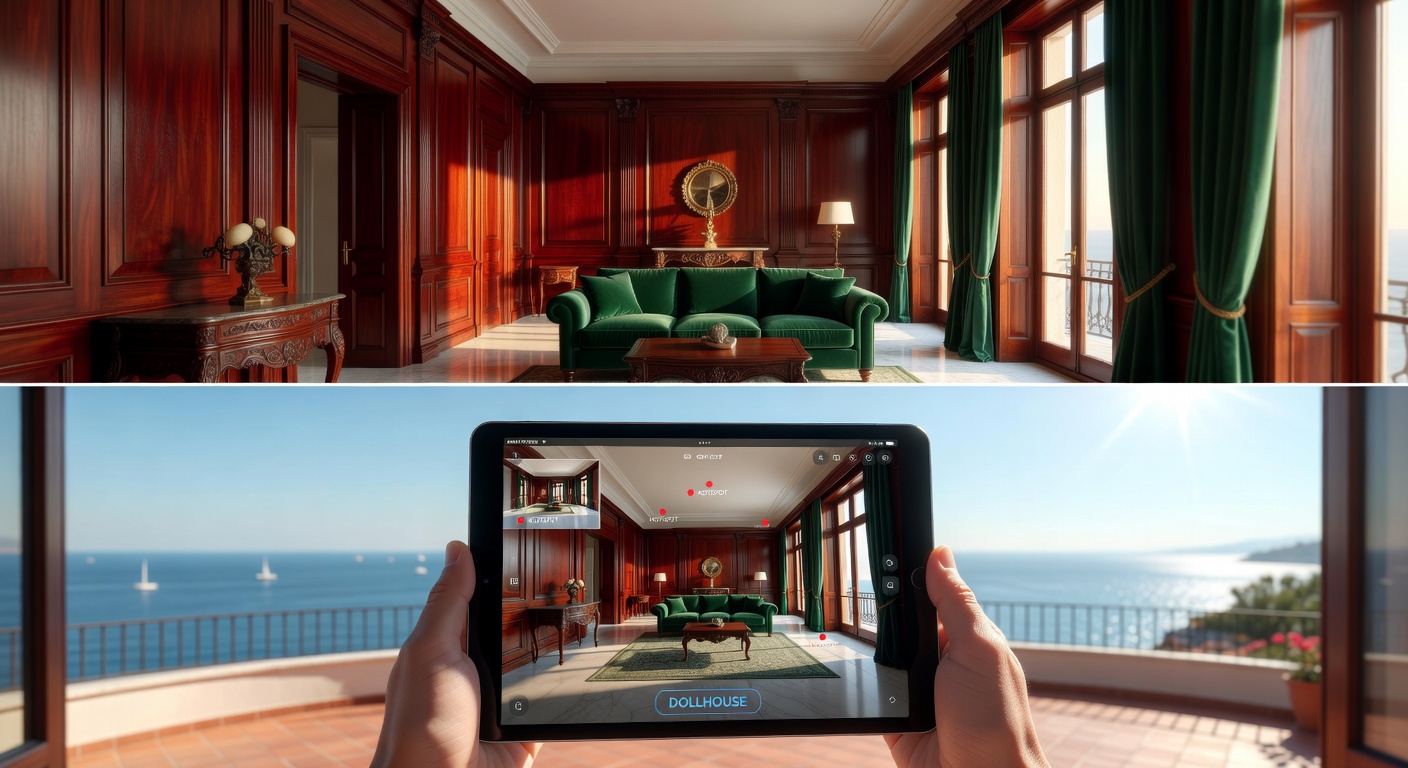 Before and after ultra-realistic 8K image showing traditional 2D photography versus immersive Matterport 360 virtual tour of the same Naples luxury villa interior
