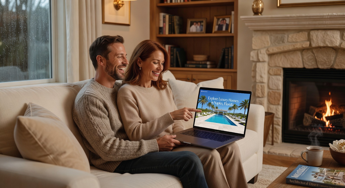 Happy couple using laptop to explore multiple Naples properties through Matterport virtual tours from their living room, emotional connection, warm lighting