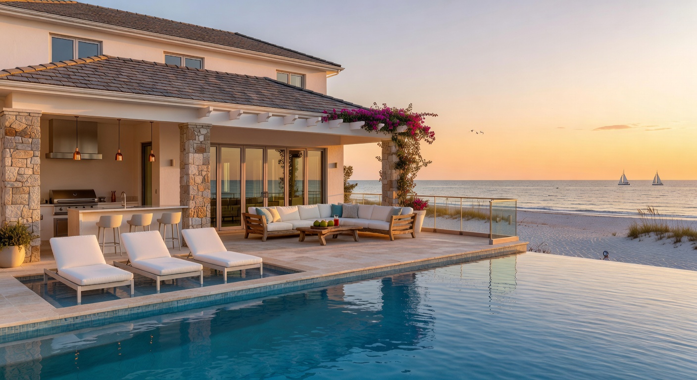 Luxurious outdoor lanai and pool area of a Naples beachfront mansion captured in perfect 3D Matterport detail with realistic textures and lighting, photorealistic 8K image
