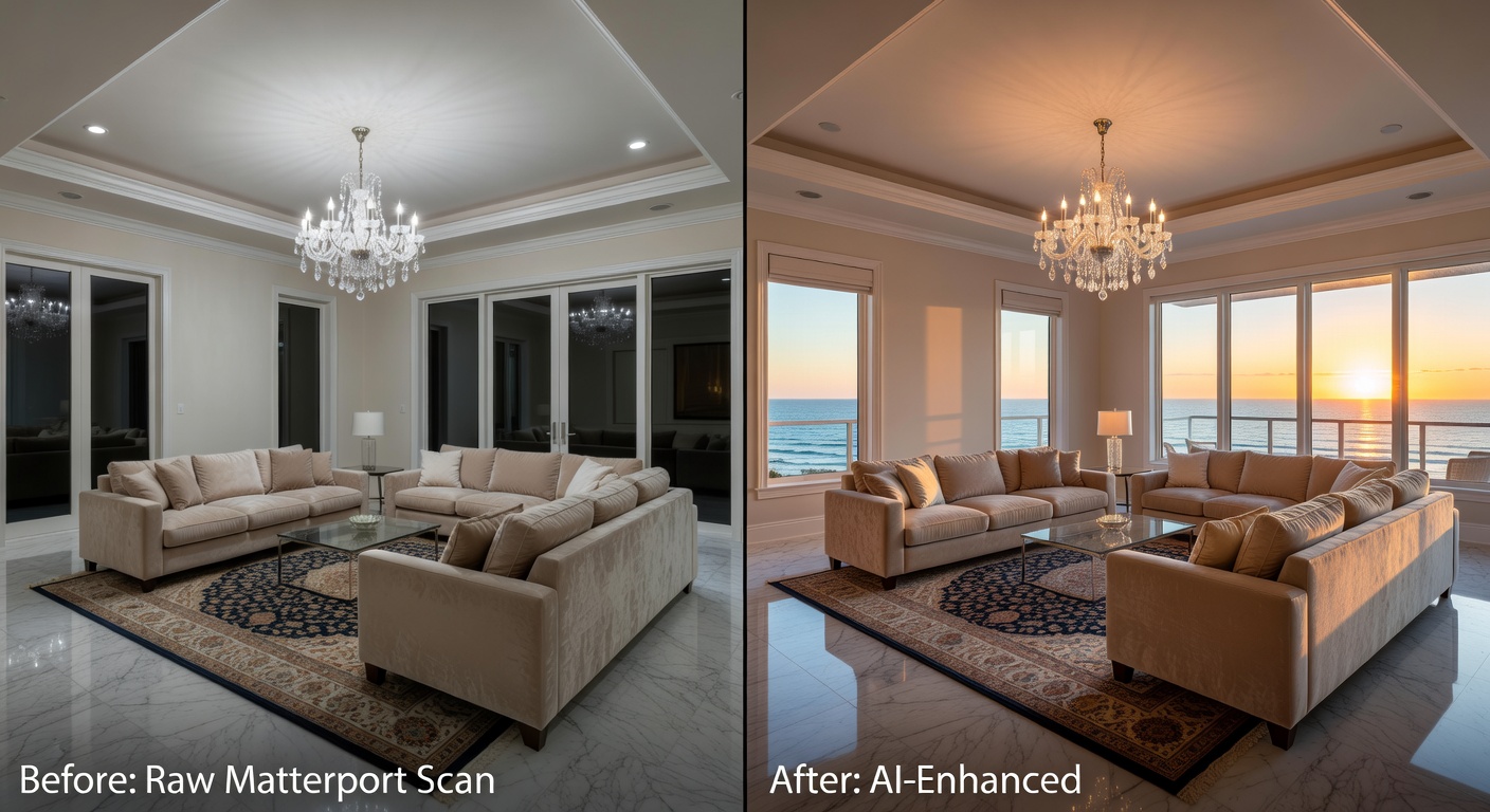 Before and after split screen showing raw Matterport scan transformed by AI enhancement algorithms, luxury Naples living room, technical demonstration style