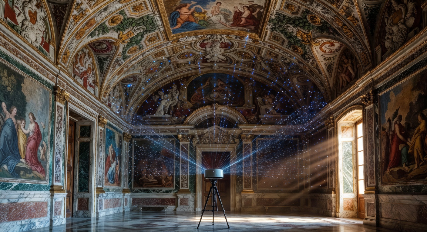 LiDAR scanning visualization with laser points creating point cloud data of ornate Naples villa ceiling details, technical yet beautiful, scientific accuracy, 8K resolution