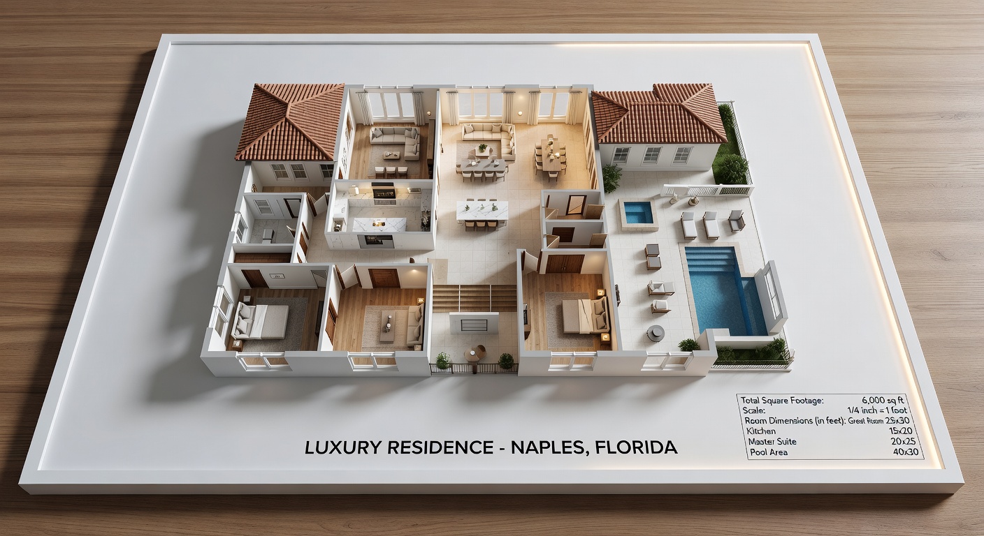 High-resolution Matterport floor plan with precise measurements of a 6,000 sq ft Naples luxury home, architectural accuracy, clean presentation