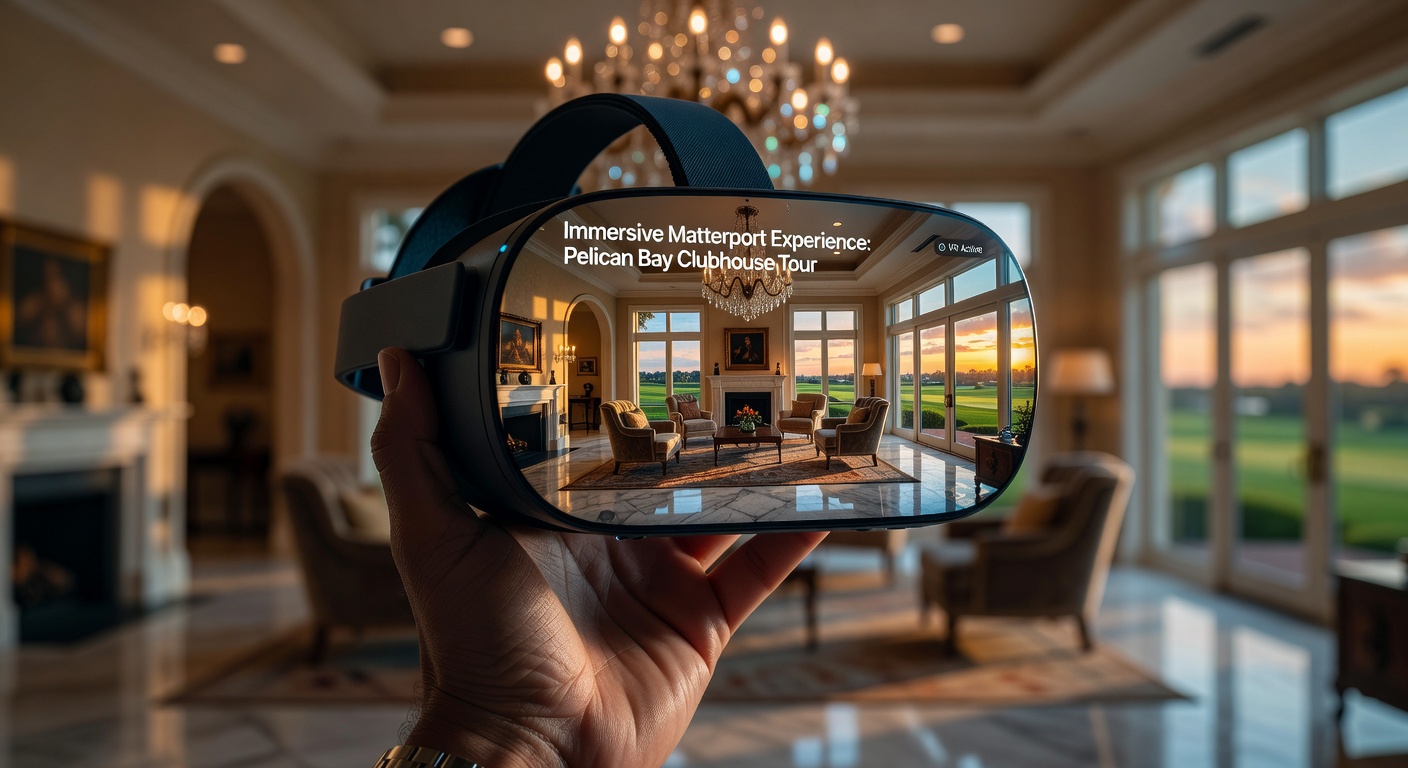 8K cinematic shot of a virtual reality headset displaying an immersive Matterport tour of a Pelican Bay golf course community clubhouse in Naples Florida