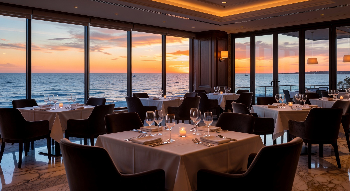 Upscale Naples restaurant dining room at sunset with empty tables perfectly captured in Matterport 3D tour, warm ambient lighting, ocean view in background, photorealistic