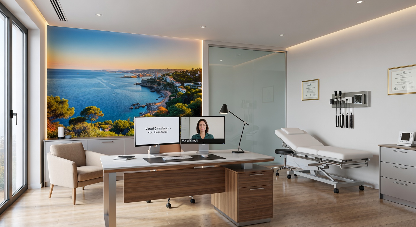 Digital twin of a high-end Naples medical office used for virtual consultations, modern healthcare aesthetic, sterile clean environment, 8K detail