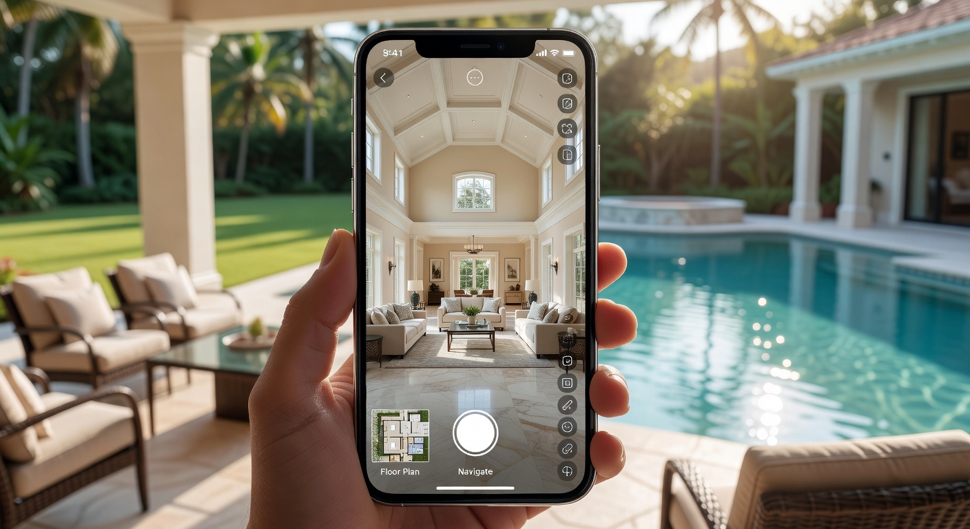 Interactive Matterport virtual tour interface on a smartphone screen showing a high-end Estero luxury home, user interface elements clearly visible, natural background, 8K ultra detailed