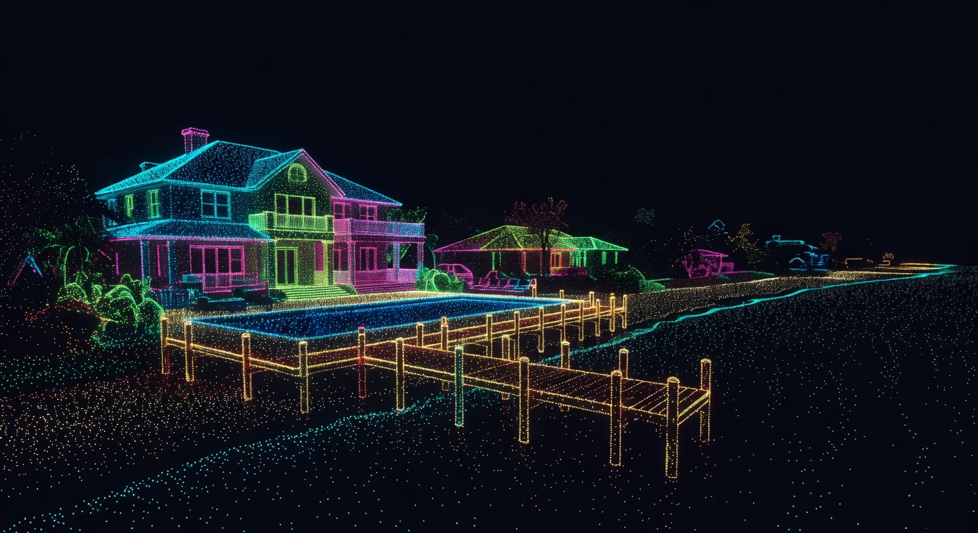Professional 3D point cloud visualization of a large waterfront estate in Port Royal Naples, colorful data points, technical precision, dark background, scientific visualization