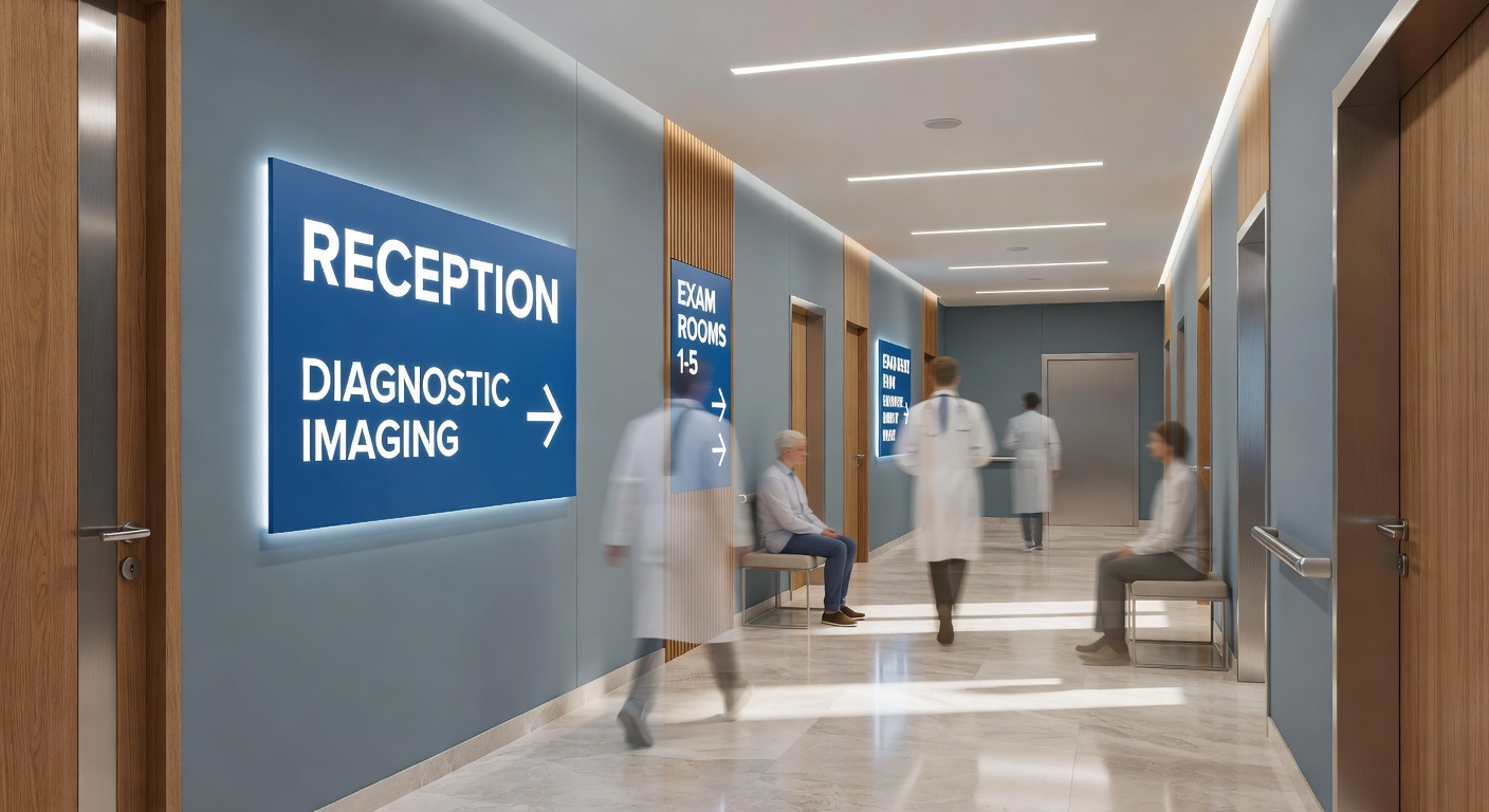 Modern medical clinic hallway in Naples with clear wayfinding signage shown in virtual tour format, healthcare professionals and patients as semi-transparent figures, calming colors