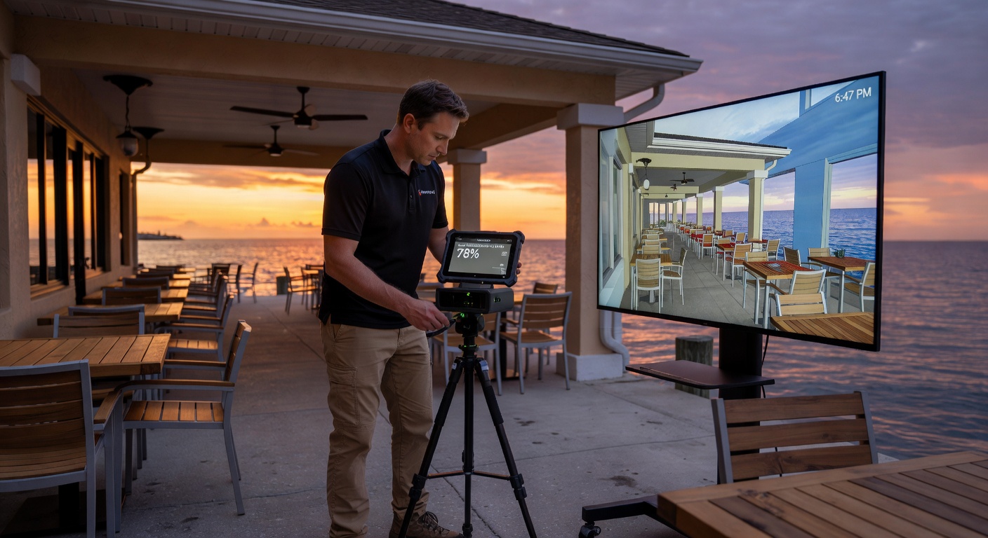 Time-lapse style image showing progression from physical scan to complete Matterport digital twin of a waterfront Naples restaurant, technical process