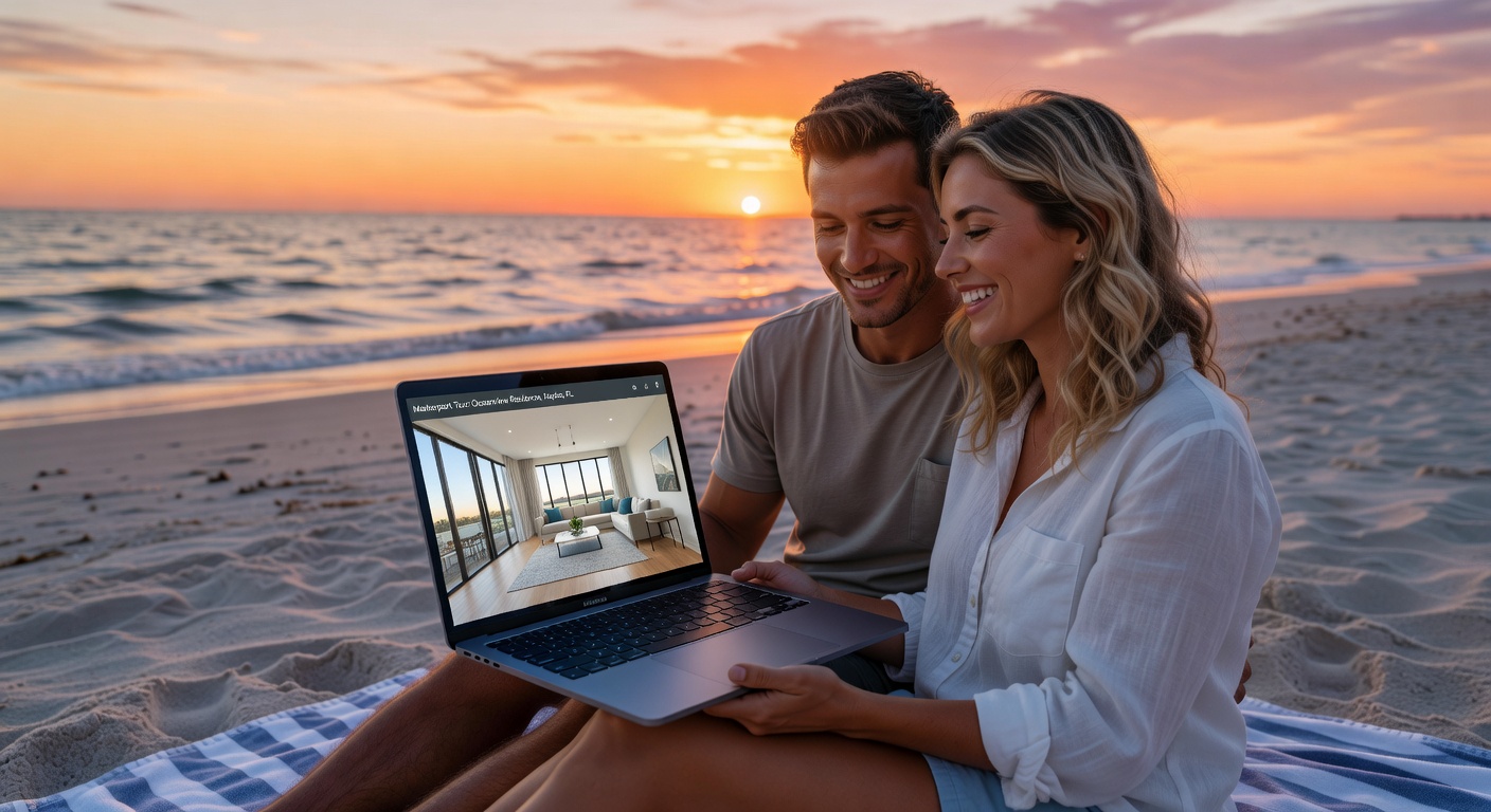 Happy couple experiencing a Matterport AI virtual tour together on their laptop while sitting on a beach in Naples Florida, warm sunset colors, relaxed atmosphere