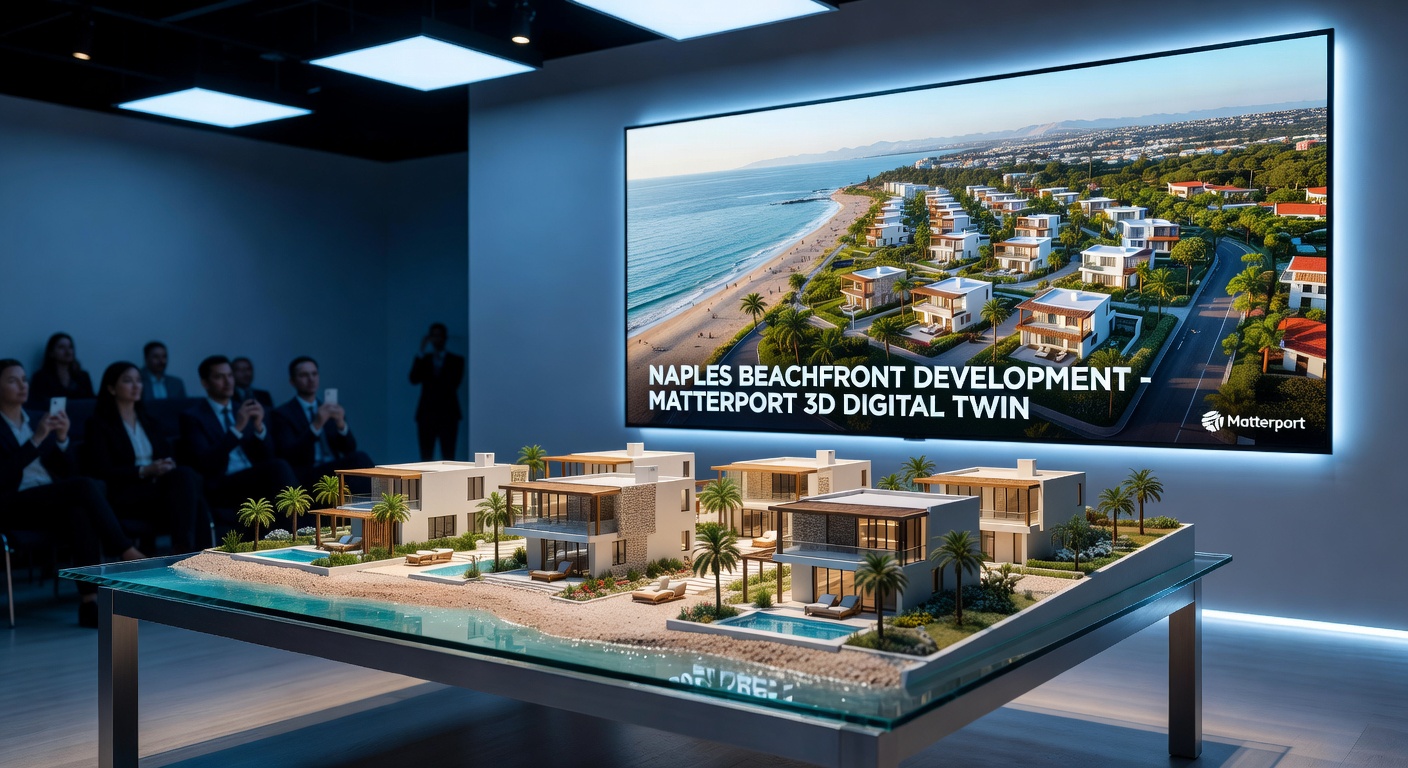 Architectural scale model of Naples beachfront development next to its fully rendered Matterport digital twin on large screen, professional presentation setting, 8K