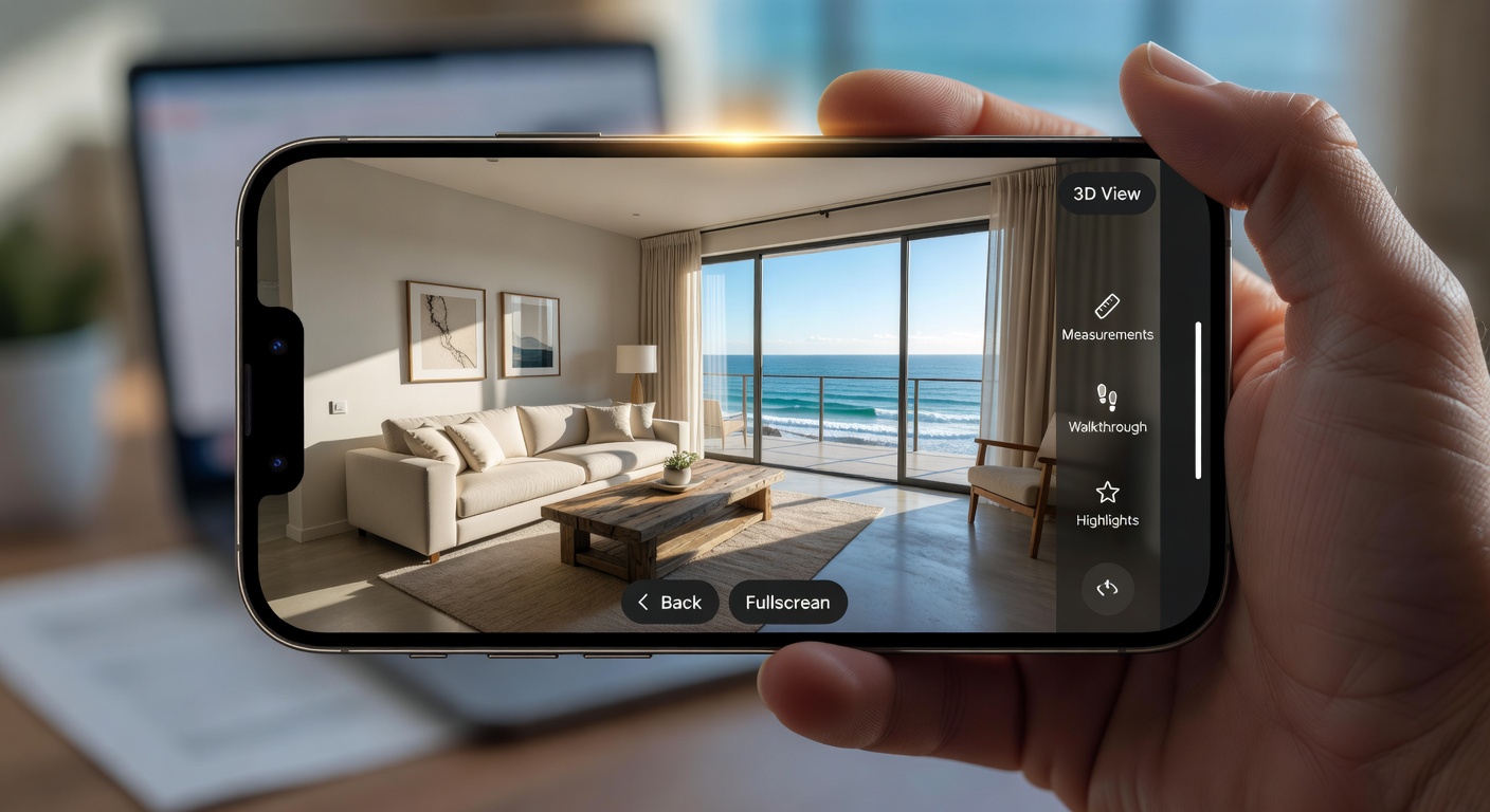 Smartphone screen displaying optimized Matterport virtual tour mobile interface with Naples property, user-friendly UX design, crisp detail