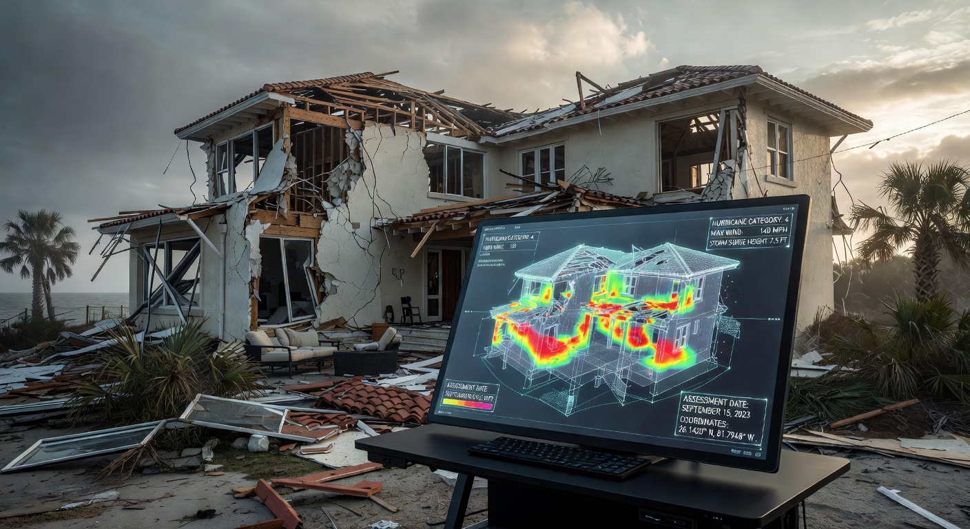 Ultra detailed 8K image of Matterport digital twin being used for hurricane damage assessment on a Naples waterfront property, technical overlays and analysis tools visible