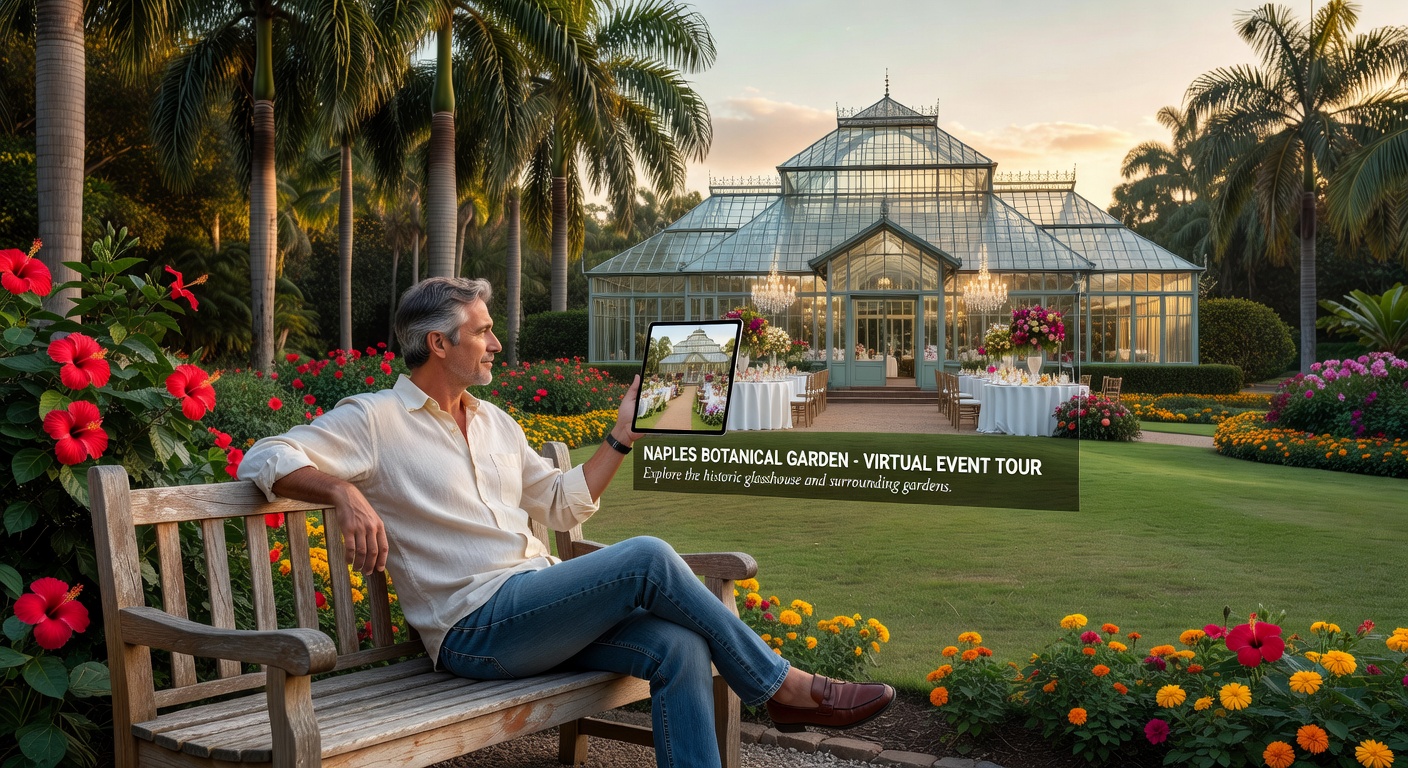 Tourist using tablet to explore virtual tour of Naples botanical garden event venue while physically sitting on nearby bench with real location in background, seamless blend
