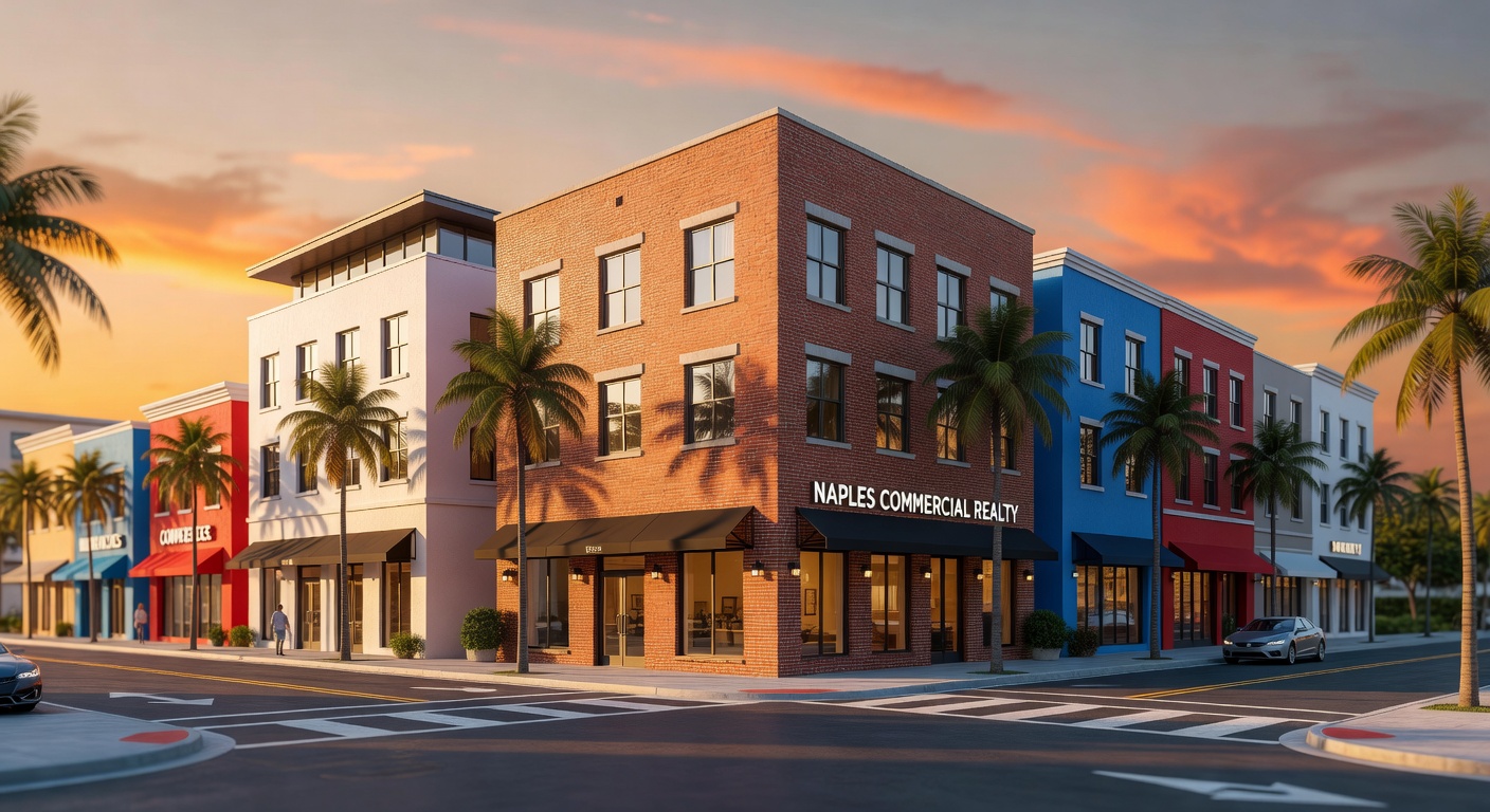 Professional 3D rendering of a digital twin city block in Naples Florida including multiple commercial properties scanned with Matterport technology