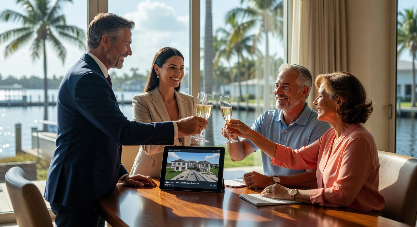 Successful real estate closing scene in Naples with agents and clients celebrating around a table with digital tablet showing Matterport tour of the sold property, joyful atmosphere, ultra realistic 8K