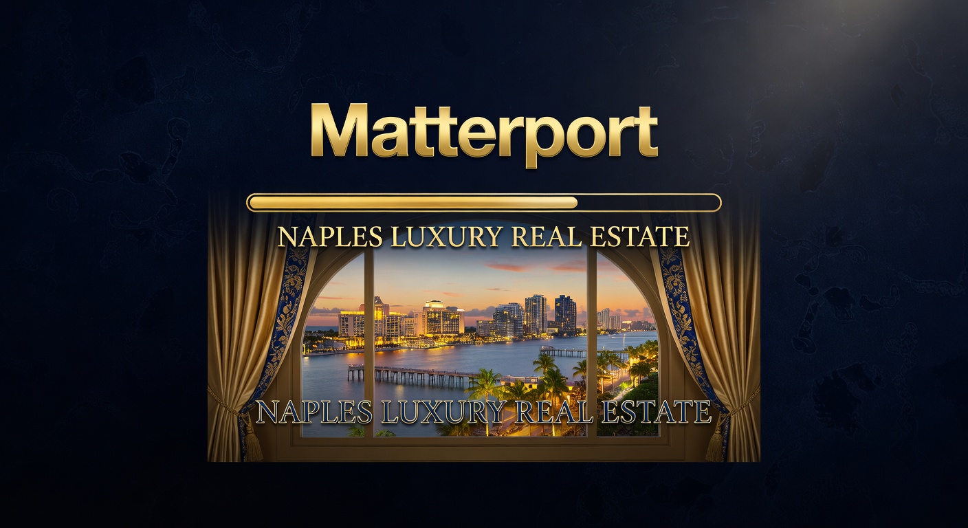 Elegant branded Matterport virtual tour loading screen for a luxury Naples real estate company, sophisticated design, dark navy and gold color scheme, 8K resolution