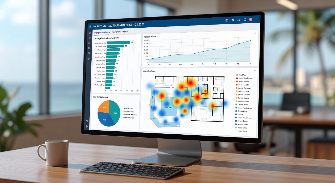 Data visualization dashboard showing analytics from Matterport virtual tours for multiple Naples businesses, graphs, heat maps of popular viewing areas, professional business intelligence aesthetic