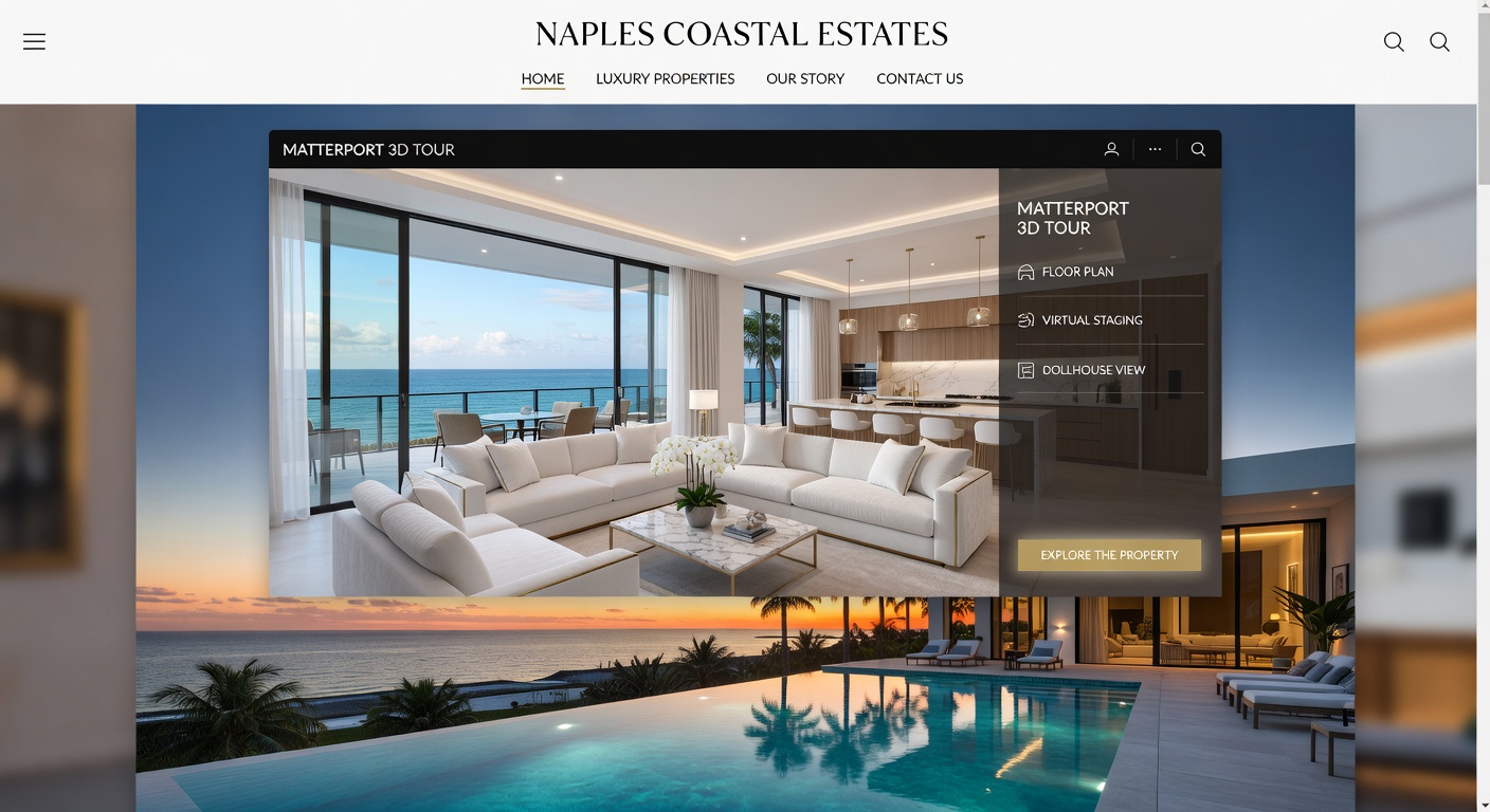Elegant Naples real estate listing webpage featuring large Matterport 3D tour integration, modern web design, luxury aesthetic, high resolution