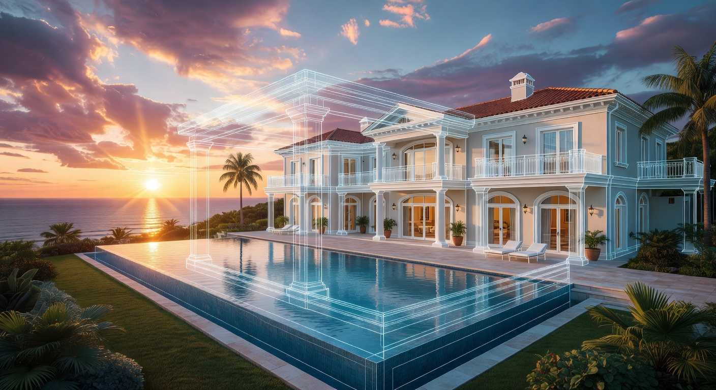 Panoramic view of a spectacular Naples Ritz-Carlton residence with overlaid digital twin wireframe model, combining real photography with 3D visualization, dramatic sunset lighting, 8K ultra detailed