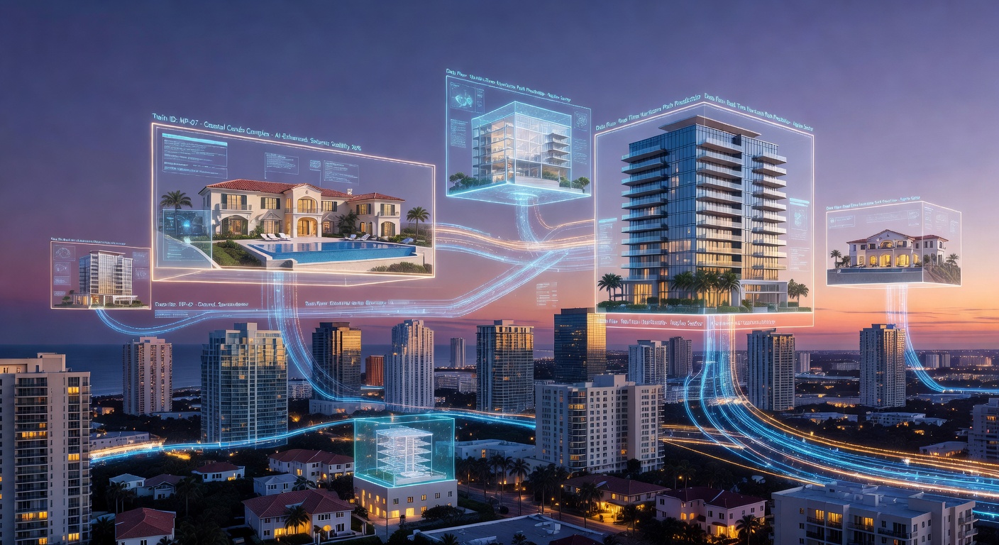 Panoramic futuristic view of multiple AI-enhanced digital twins of Naples Florida properties floating above the city skyline at twilight, interconnected with data streams, visionary technology concept