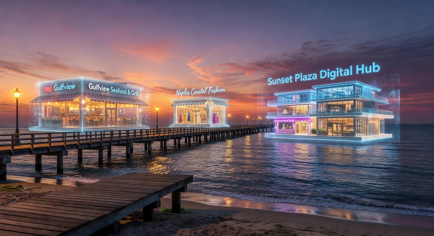 Panoramic 8K view of Naples Pier at twilight with multiple floating holographic Matterport digital twins of local businesses hovering above water, futuristic yet realistic, cinematic lighting