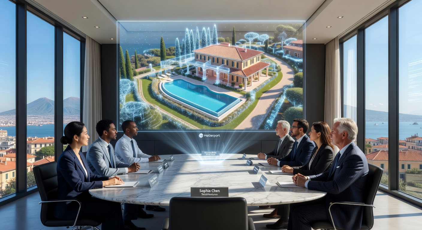 Futuristic holographic projection of a Matterport digital twin of a Naples estate floating above a conference table during an investor meeting, cinematic