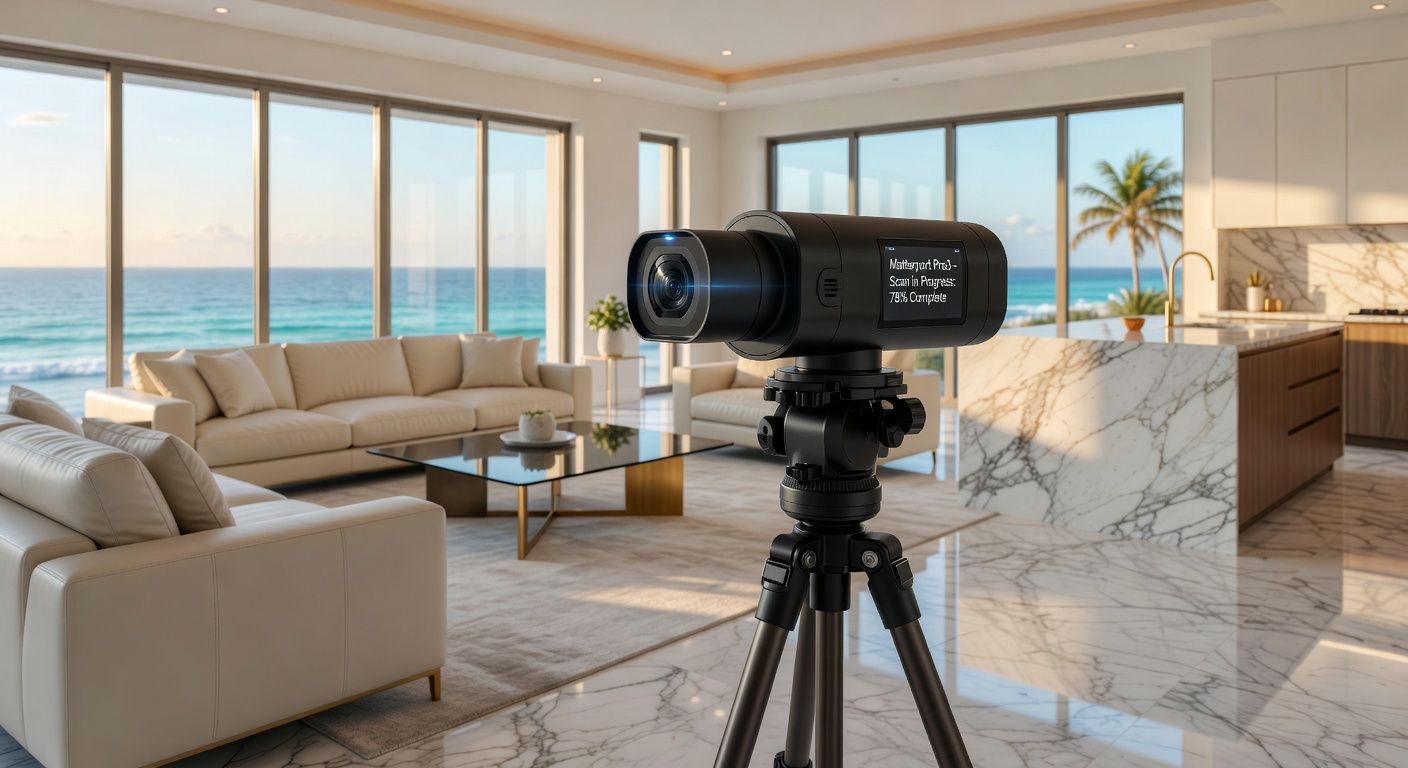 Photorealistic close-up of Matterport Pro3 camera scanning a luxurious modern living room in a Naples FL estate, natural window light, marble floors, ocean view in background, technical precision, 8K resolution