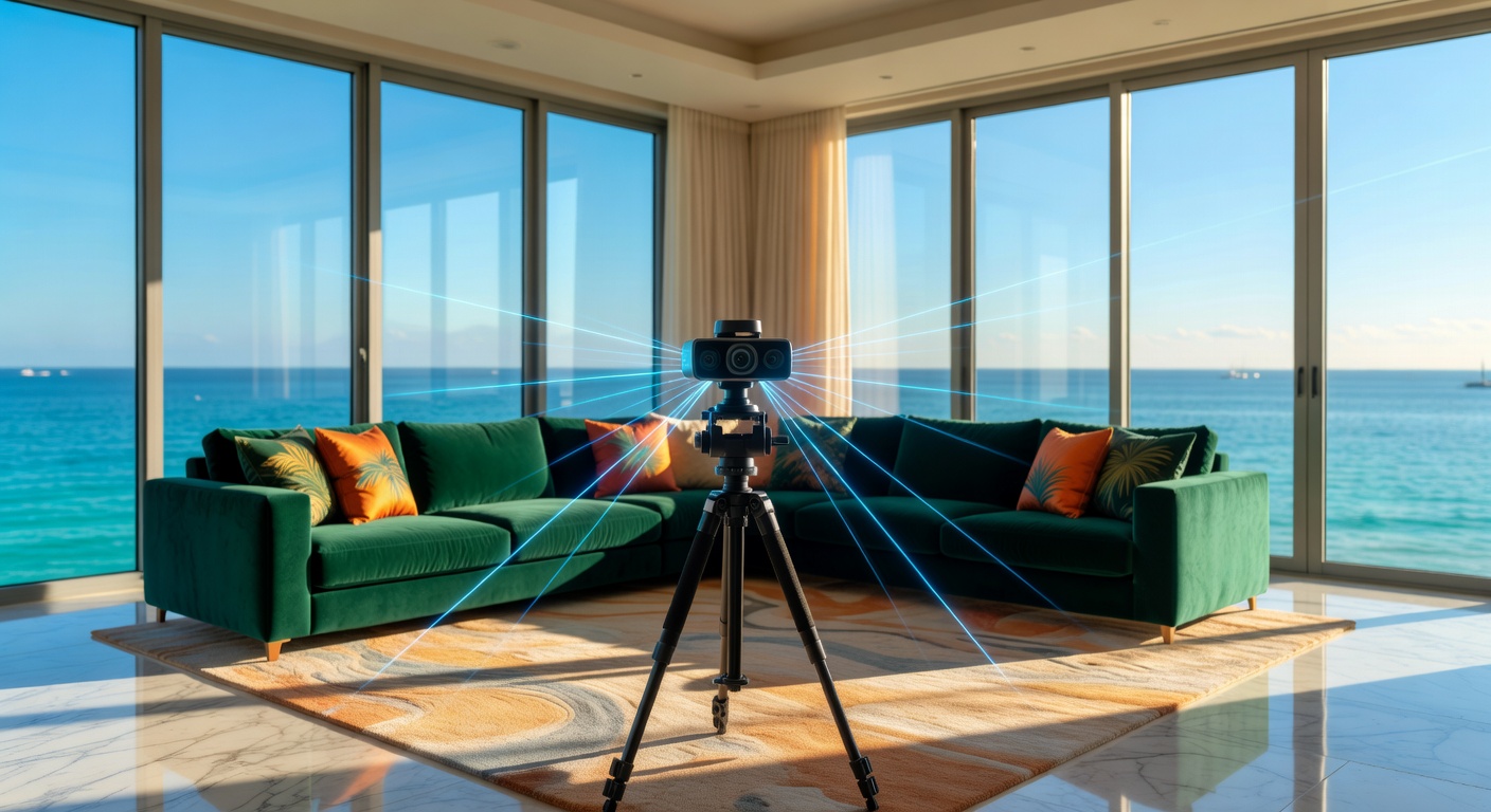 Professional Matterport Pro2 camera on tripod scanning luxurious Naples living room with floor-to-ceiling windows overlooking the Gulf of Mexico, LiDAR scanning beams visible, ultra-detailed 8K