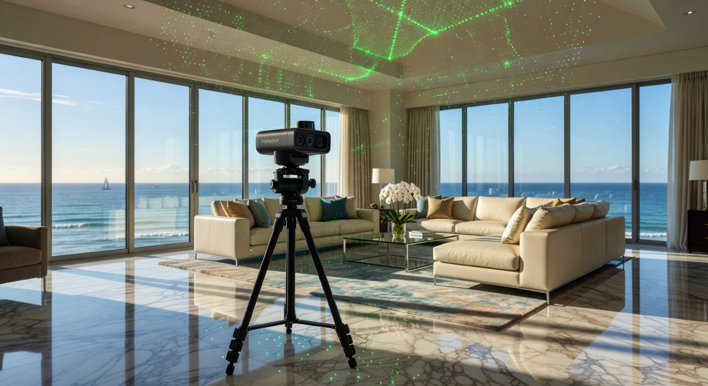 Close-up of Matterport Pro3 camera scanning a high-end Naples living room with marble floors and ocean views, LiDAR laser points visible in the air, technical precision, 8K resolution