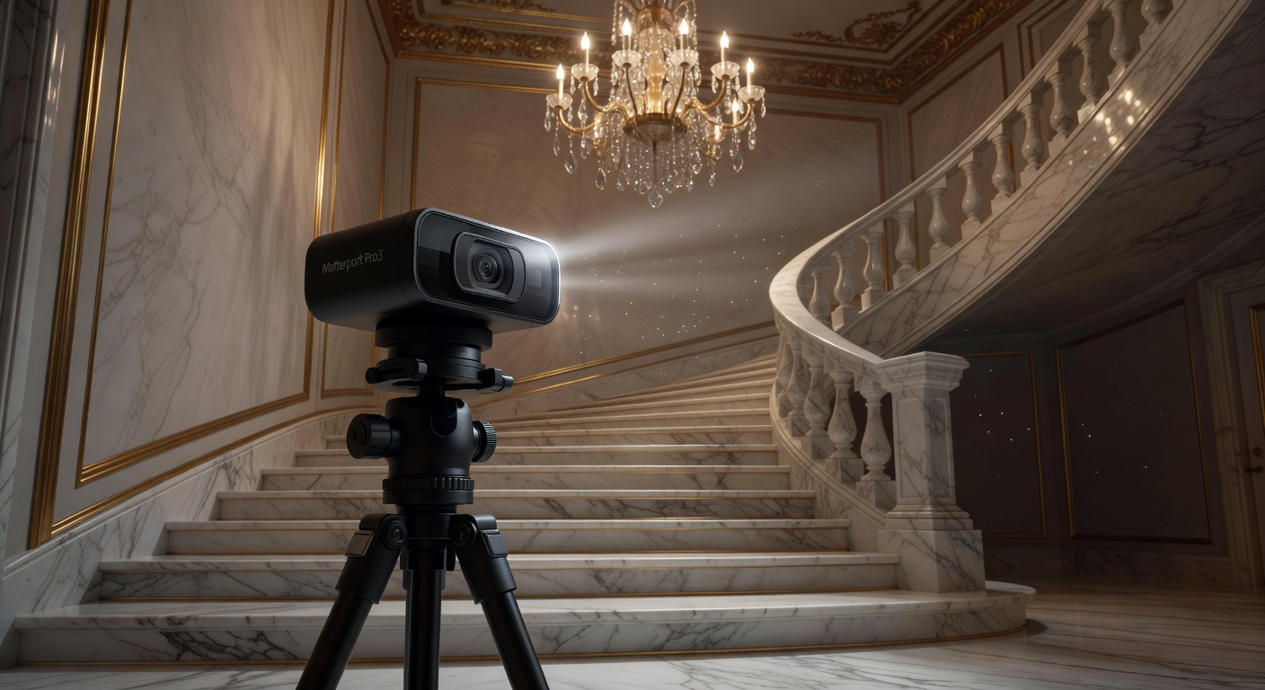 Detailed close-up of a Matterport Pro3 camera scanning an elegant marble staircase in a high-end Naples mansion, dramatic lighting highlighting architectural details, ultra realistic 8K image
