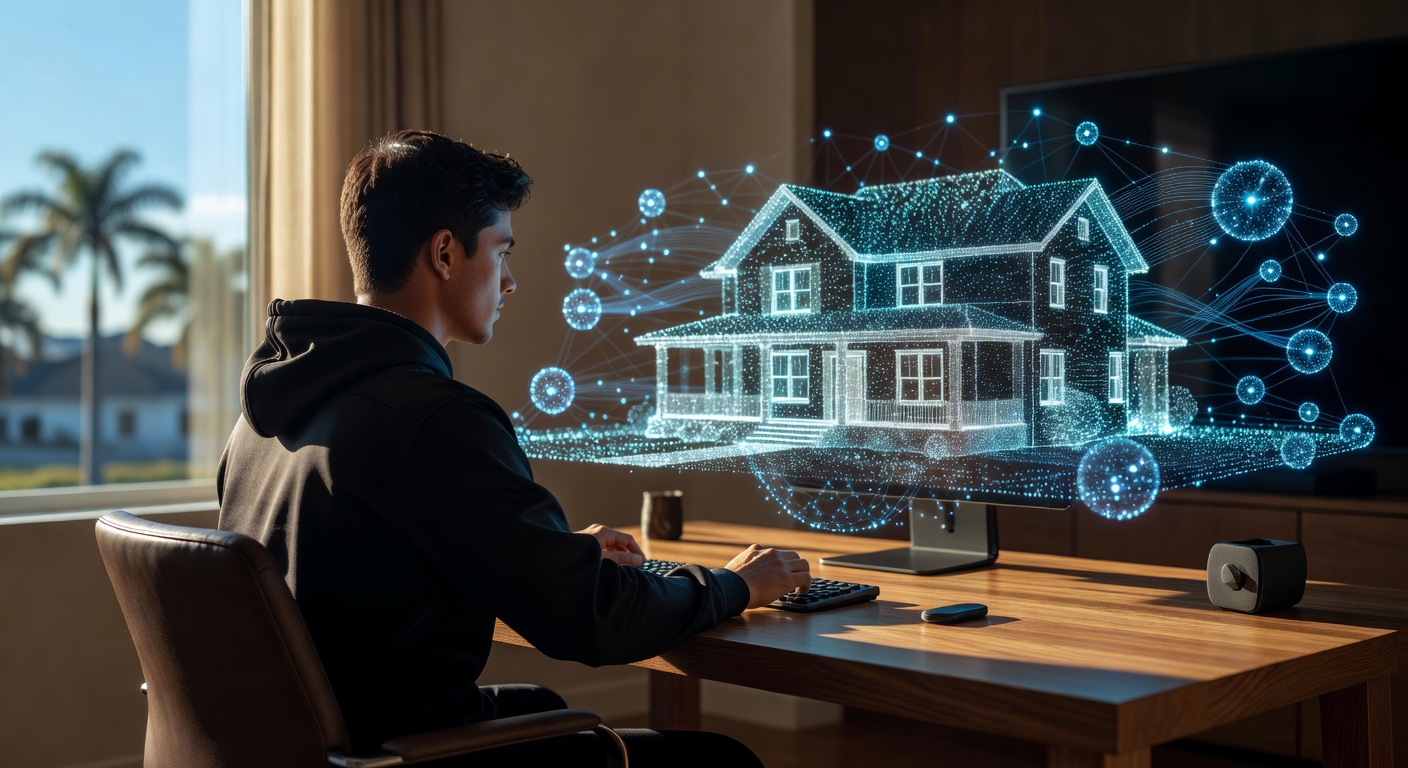 8K ultra-realistic visualization of AI neural networks processing LiDAR point cloud data of a Florida home, glowing blue and cyan digital elements, floating 3D house model, futuristic technology aesthetic