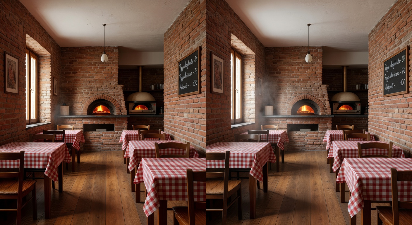 Split screen ultra-realistic comparison of physical Naples restaurant interior next to its exact Matterport digital twin, side by side, perfect alignment, 8K resolution