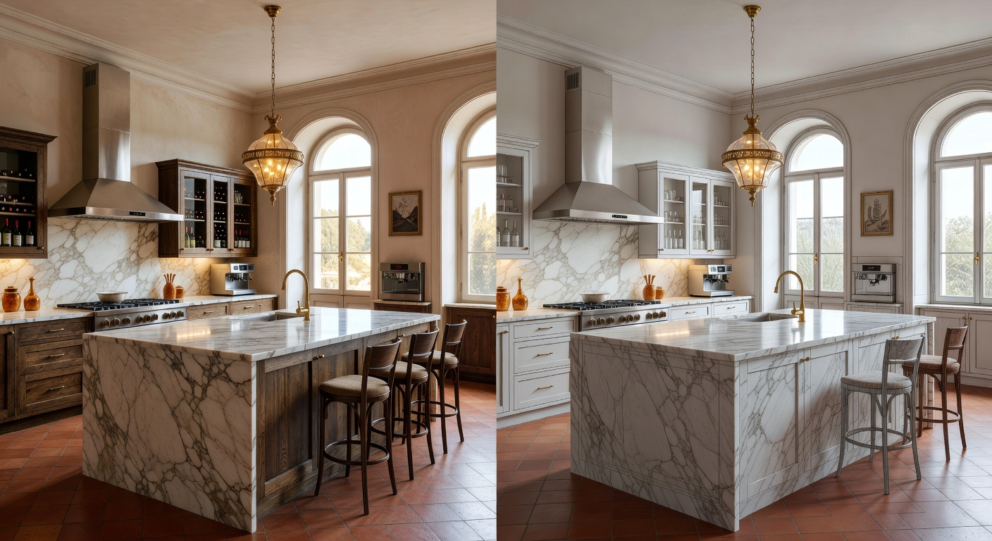 Split screen comparison showing physical Naples luxury kitchen next to its perfect digital twin Matterport model, ultra-detailed, side by side, 8K photorealistic