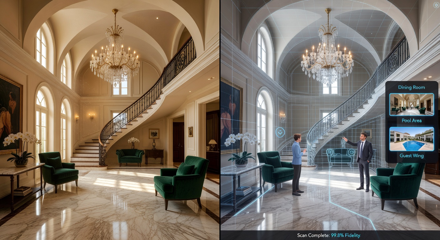Split screen comparison showing a physical luxury Naples home interior next to its exact Matterport digital twin 3D model, professional real estate photography style, 8K resolution