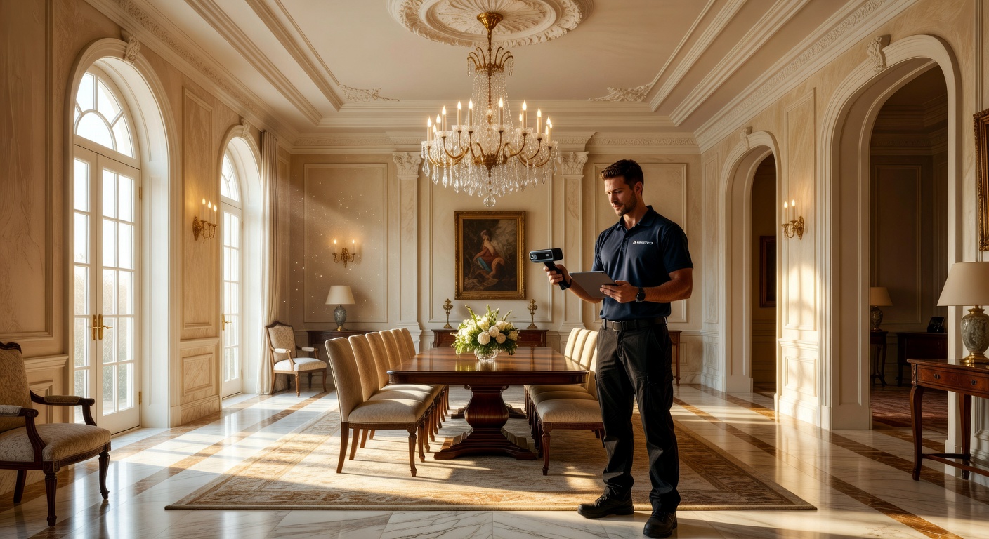 Professional Matterport technician in polo shirt scanning an elegant Naples Florida dining room with high ceilings and chandelier, natural light, realistic photography style, 8K detail