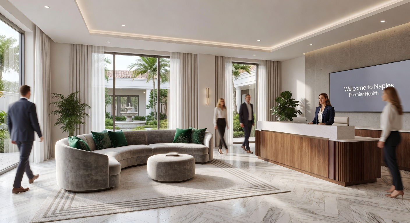 Elegant Naples medical office reception area captured as Matterport virtual tour, clean modern design, patients virtually walking through space, soft natural lighting, photorealistic 8K