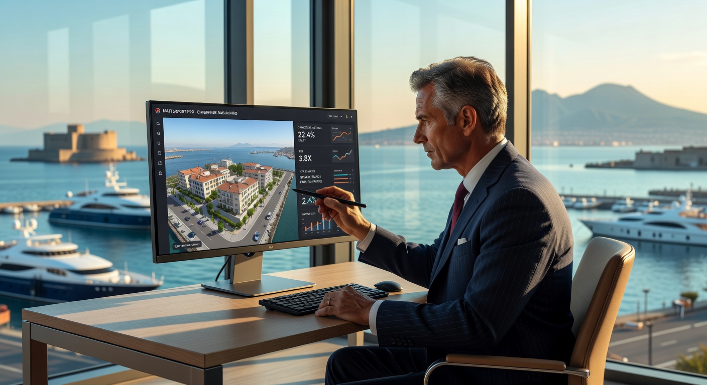 Business professional in suit analyzing Matterport virtual tour analytics dashboard on large monitor showing conversion metrics and ROI charts, modern Naples office background