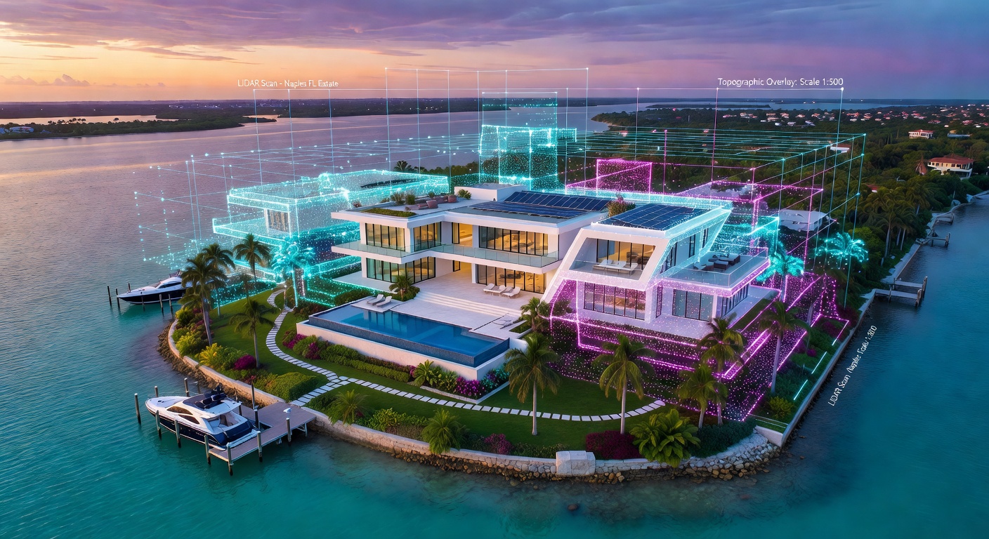 Aerial view of a stunning waterfront Naples Florida luxury estate with digital overlay showing LiDAR point cloud data visualization, technical yet beautiful, ultra detailed 8K