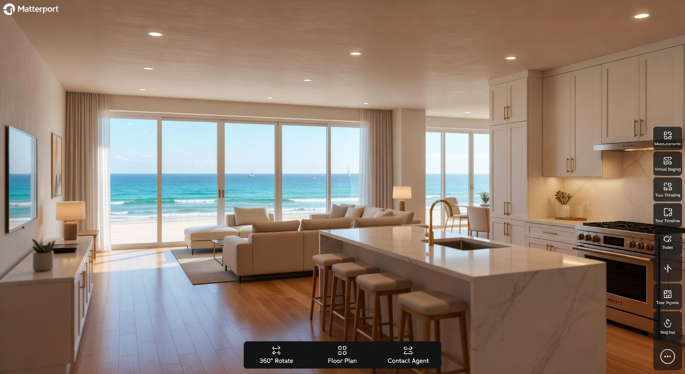 Immersive first-person perspective inside a Matterport virtual tour of a luxury Naples beachfront condominium, showing navigation interface, ultra realistic interior, ocean visible through windows